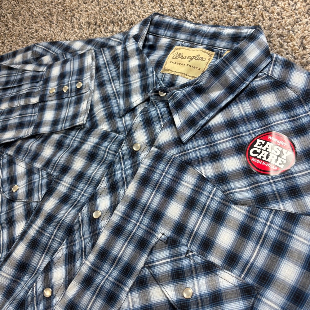 Wrangler Western Shirt Men's 3XL Blue Plaid Pearl Snap Easy Care Long Sleeve NWT